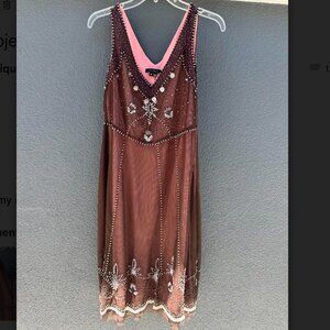 ECI Vintage Inspired Beaded Brown Sleeveless Dress